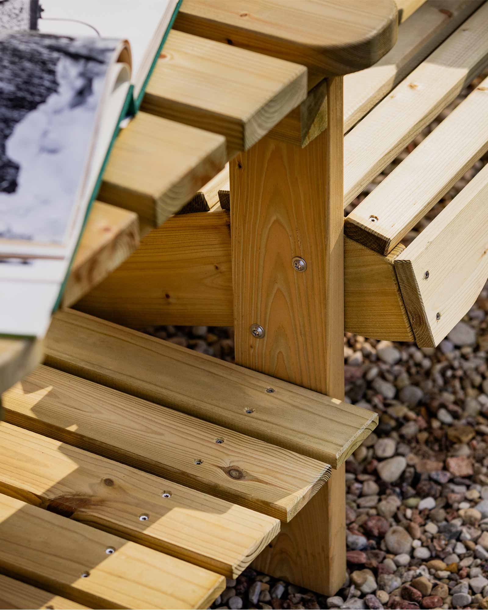 Closeup of the screw fastenings for the green Adirondack garden chair