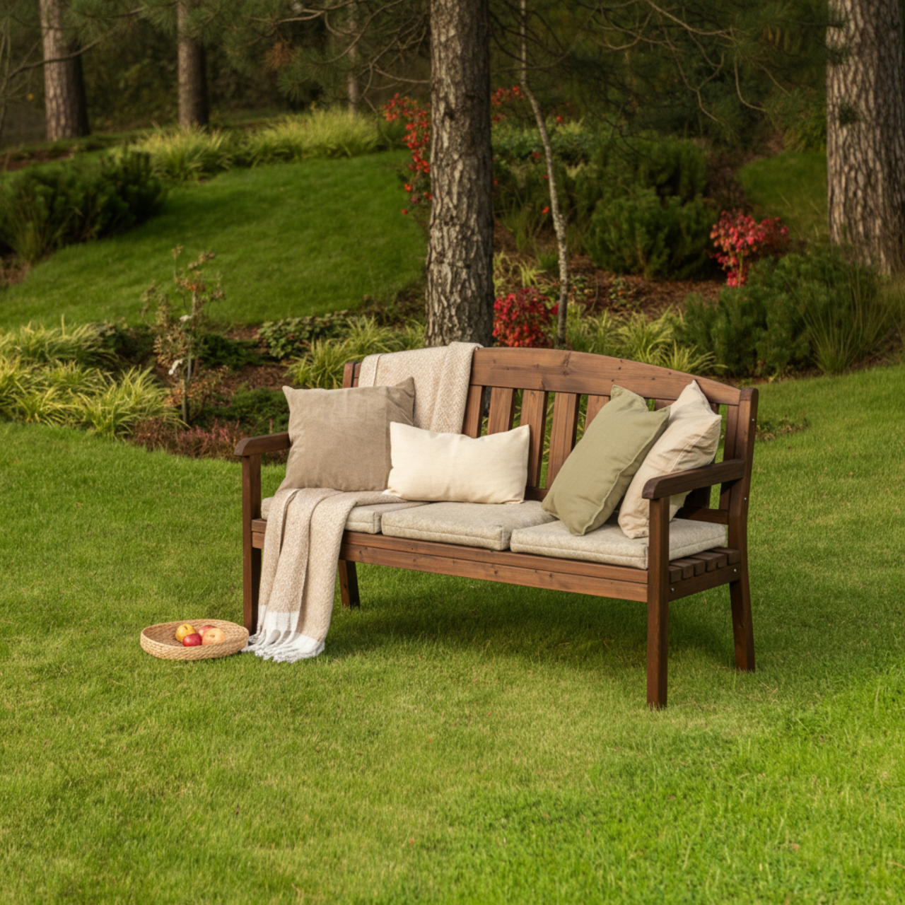 A wooden outdoor bench with beige cushions and pillows, styled with a cream throw blanket and set on a green lawn in a garden setting.