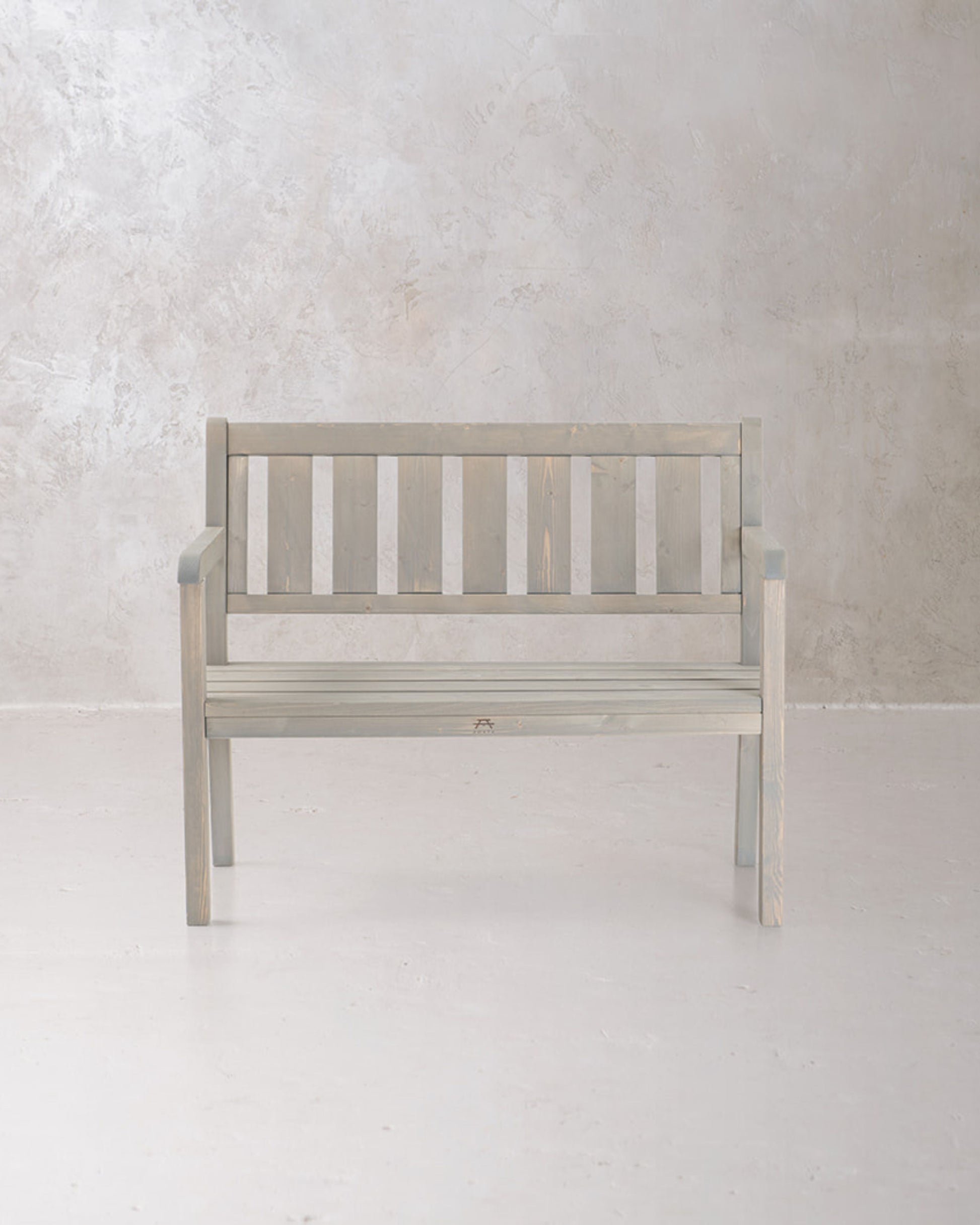 Grey two seat garden bench frontal view 
