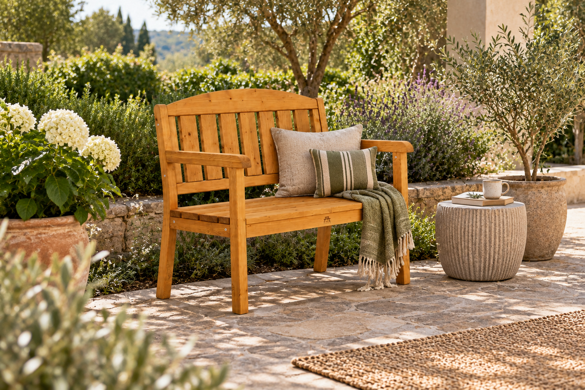 WENDEN 2-seater garden bench with arched back, brown pressure-treated pine, in a garden