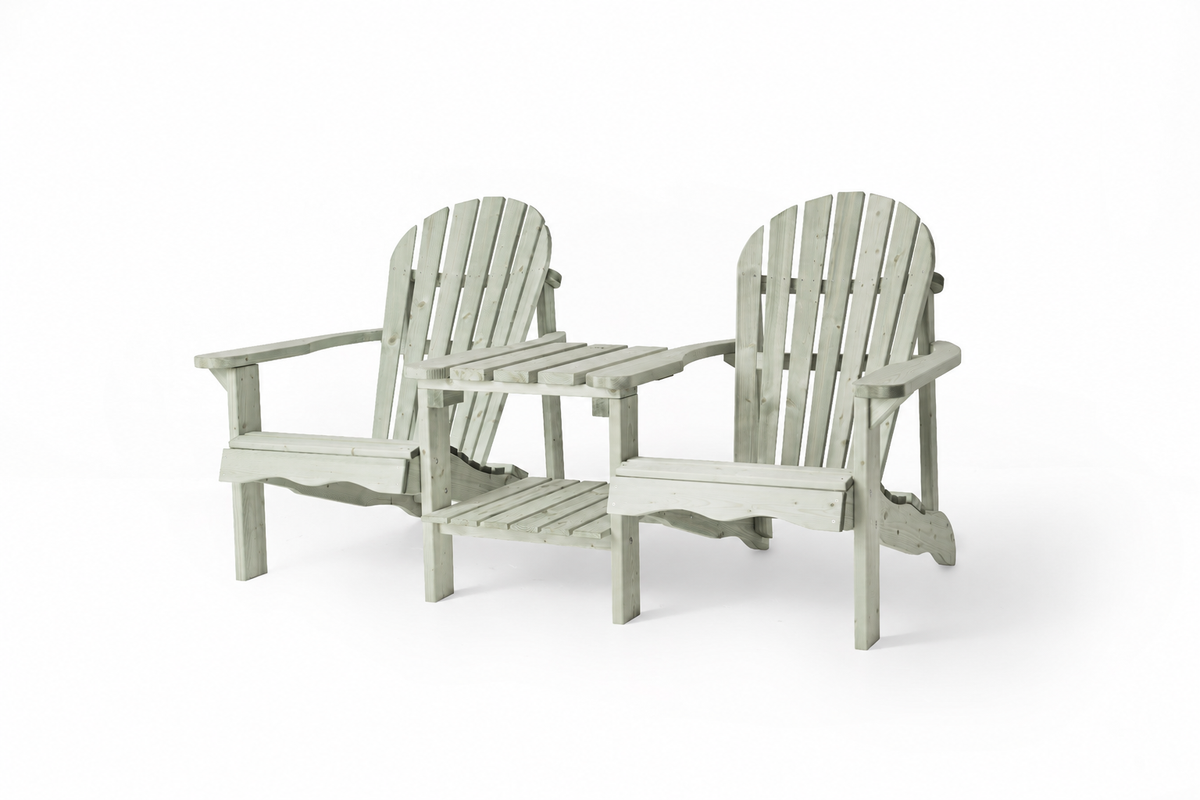 Eucalyptus double Adirondack chair with centre table on a white background